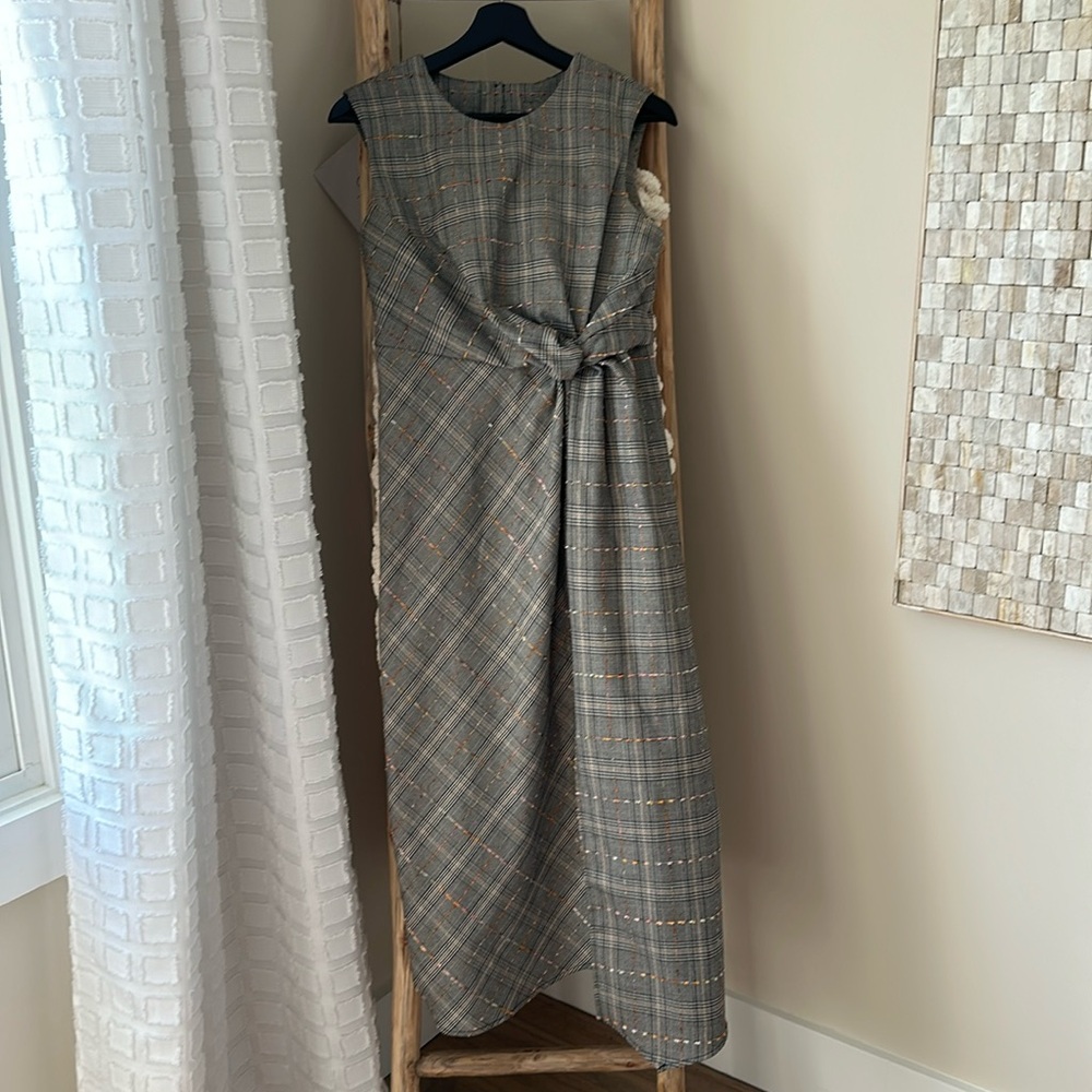 Maeve Gray Plaid Maxi Dress with Side Tie